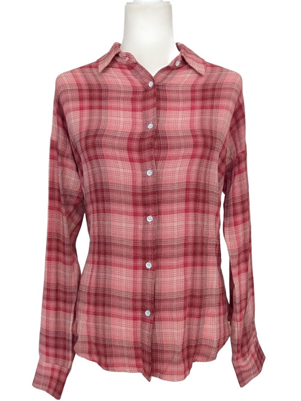 Flag & Anthem Womens Pink Red Plaid Button Up Flannel Shirt NWT Size XS